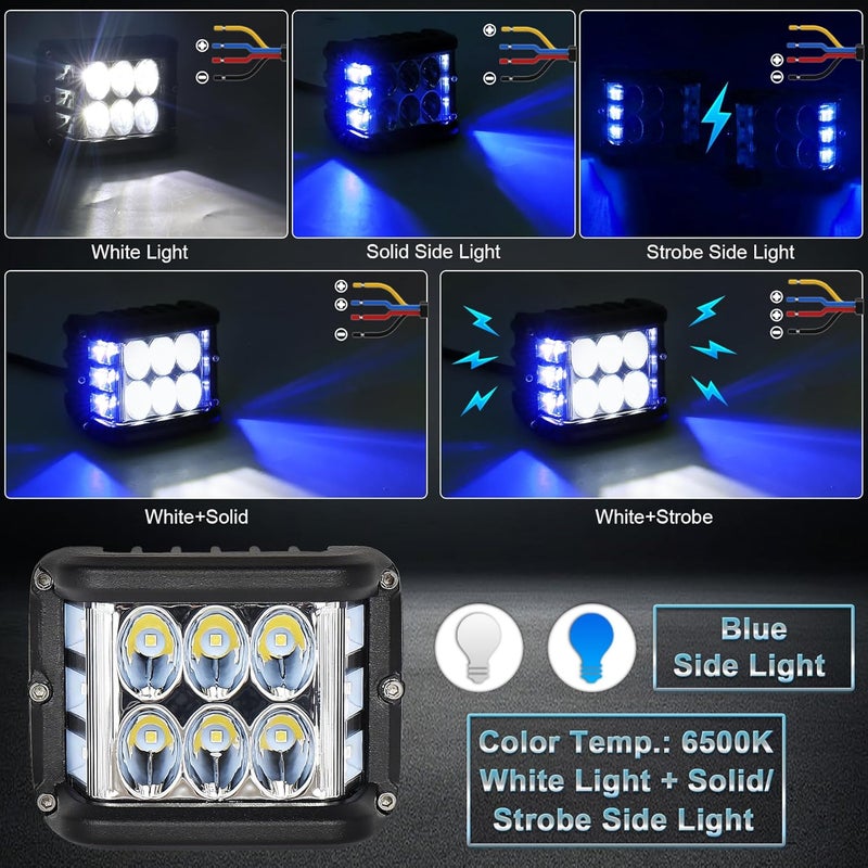 POVTOR Blue Dual Side Shooter LED Pod Lights, 4 inch LED Light Pods with DRL Solid&Strobe Off Road LED Driving Cube Lights for Tractor Plow Truck ATV UTV SUV 4x4 Boat Motorcycle - Image 2